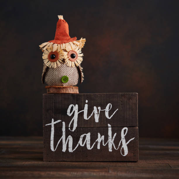 istock Fall Thanksgiving background with fabric owl and message of thanks 1271638934