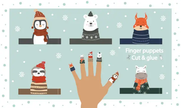 Vector illustration of Finger puppet theater. Cut out template, glue and play. Zoo puppets for preschool or school. Game and education worksheet. Winter animals doll collection. Vector illustration in scandinavian style.