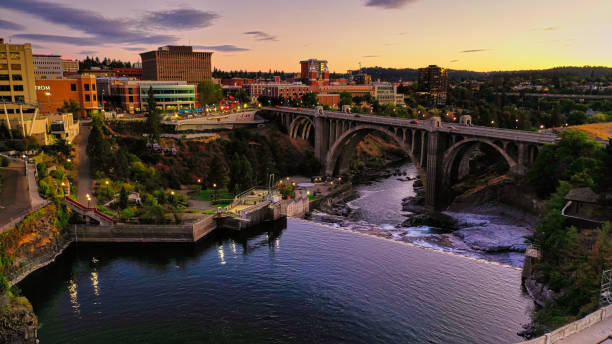 istock Spokane lower falls city scape view 1271645956