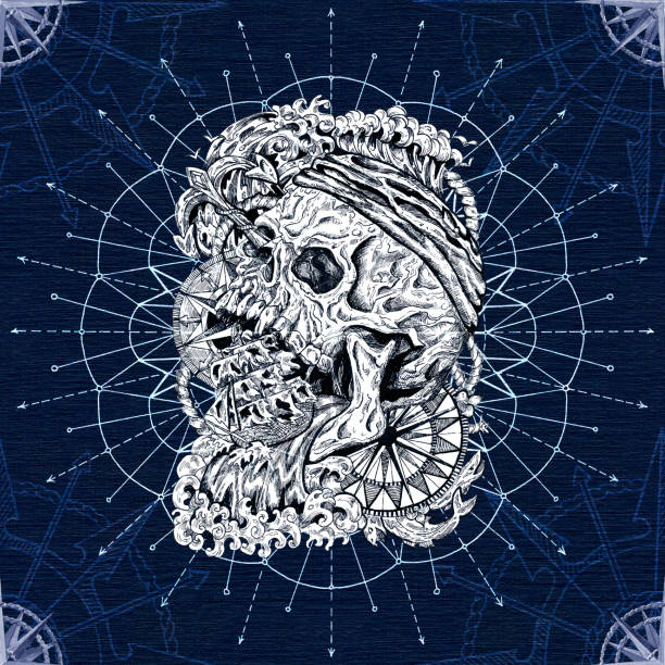 istock Seamless pattern with nautical emblem of skull and old sailing ship against compass. 1271647368