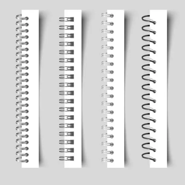 Vector illustration of Realistic spirals notebook. 3D metal binder. Spiral fastening sheets and sketchbook bindings ring. Vector illusration