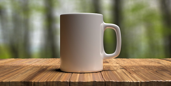 Coffee mug mockup on a wooden table. White color blank mug with handle, blur green nature background. Advertise, branding template. 3d illustration