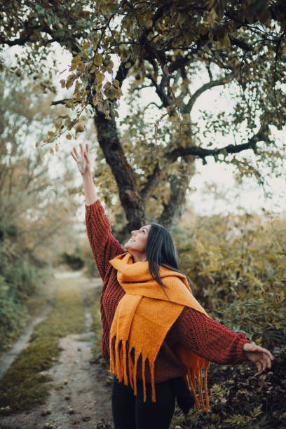 istock Young woman trying to catch a pear from tree 1271658189