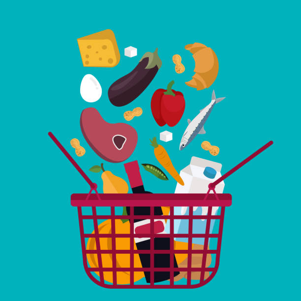 istock Food and drink products falling down into basket, concept for retail. Isolated on bright background 1271658245
