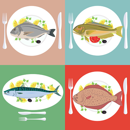 Vector illustration set of grill prepared fish with lemon and parsley, fish dish