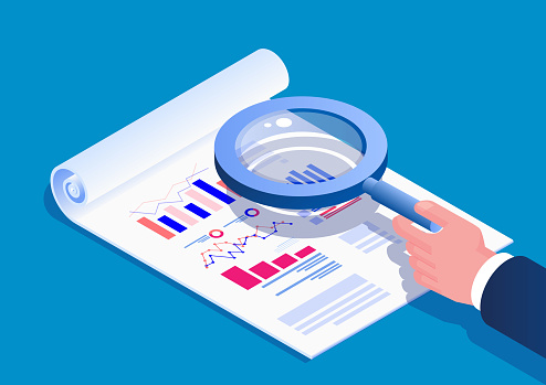 Isometric hand holding a magnifying glass to view data report