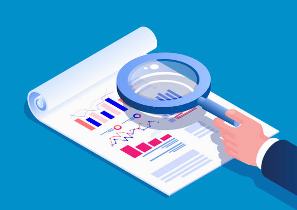 Isometric hand holding a magnifying glass to view data report Isometric hand holding a magnifying glass to view data report accounting firm stock illustrations