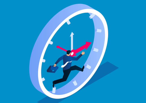 시계 안에서 빠르게 달리는 사업가, 시간에 맞서 싸우는 사업가 - clock urgency time minute hand stock illustrations