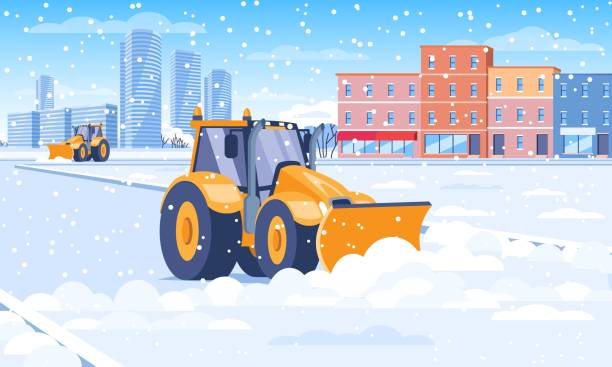 schneepflug räumt schnee von einer stadtstraße - winterdienst stock-grafiken, -clipart, -cartoons und -symbole