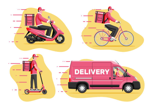 illustrazioni stock, clip art, cartoni animati e icone di tendenza di fattorino su furgone, scooter, moto, bicicletta. - van delivery van mini van messenger