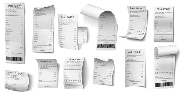 Realistic bills. Shopping purchase bill, retail payment purchase blank, supermarket sale paper isolated vector illustration icons set Realistic bills. Shopping purchase bill, retail payment purchase blank, supermarket sale paper isolated vector illustration icons set. Cash receipt, financial printout for buying in store or shop receipt stock illustrations