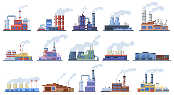 Factory buildings. Industry warehouse and power station, manufacturing factory building architecture exterior vector illustration icons set. Chimney with smoke, air environment pollution