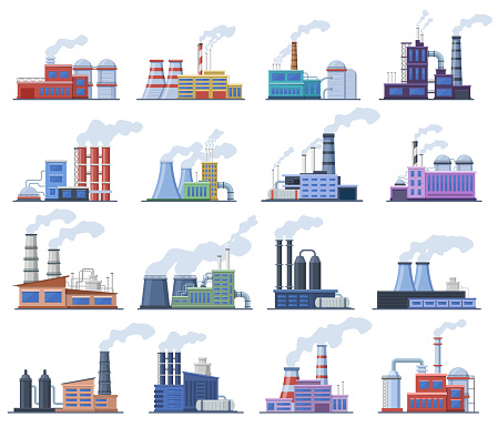 Industrial factory. Manufacturing building, chimney pipe factory, warehouse, power station, factory architecture exterior vector illustration set