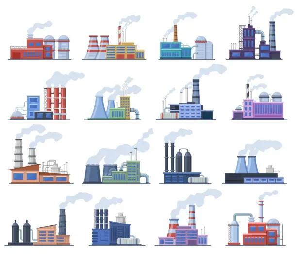 Vector illustration of Industrial factory. Manufacturing building, chimney pipe factory, warehouse, power station, factory architecture exterior vector illustration set