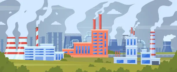 Vector illustration of Factory air pollution. Industrial smog pollution, polluted urban landscape, chimney pipe factory toxic smoke clouds vector illustration