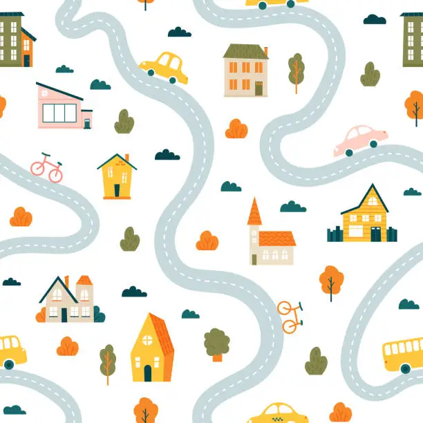 Vector illustration of Town map pattern. Seamless cute urban landscape map, minimalist houses, trees and cars, simple hand drawn streets vector background illustration