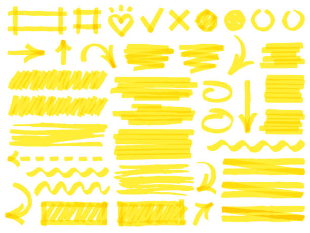 illustrations, cliparts, dessins animés et icônes de coups de marqueur dessinés à la main. lignes de trait de marqueur jaune, rayures de marqueurs et éléments de surbrillance, ensemble d’illustration vectorielle de signes de marqueur permanent - surligneur