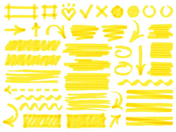 Vector illustration of Hand drawn marker strokes. Yellow marker stroke lines, markers stripes and highlight elements, permanent marker signs vector illustration set