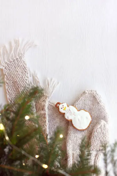 cookies in the shape of a cheerful snowman on the table under the tree top view