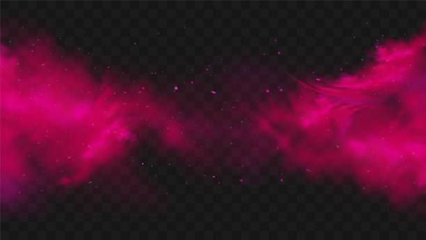 czerwony dym lub kolor mgły izolowany na przezroczystym ciemnym tle. abstrakcyjny wybuch różowego proszku z cząstkami. kolorowa chmura pyłu eksploduje, farba holi, efekt smogu mgły. realistyczna ilustracja wektorowa - abir stock illustrations