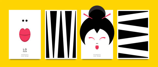 ilustrações de stock, clip art, desenhos animados e ícones de set of cards, brochures with asian motifs. pages with a black and white geometric pattern and the face of an asian woman. vector illustration. - eyes narrowed