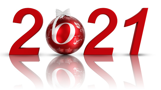 3D illustration. New Year 2021. New Year 2021 in numbers and with Christmas decoration.