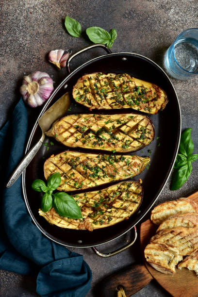 istock Grilled spicy eggplant in a skillet pan 1271669570