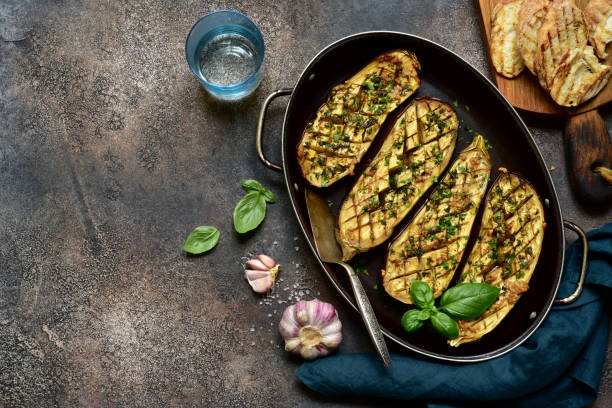 istock Grilled spicy eggplant in a skillet pan 1271669576