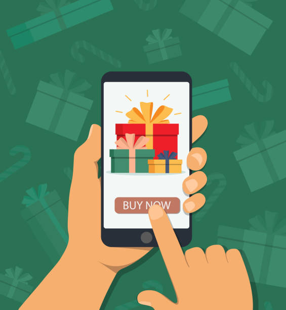 illustrazioni stock, clip art, cartoni animati e icone di tendenza di shopping online per regali di natale. eshop di regali per le vacanze in cellulare. telefono con app di shopping online per natale. - ipad shopping gift retail