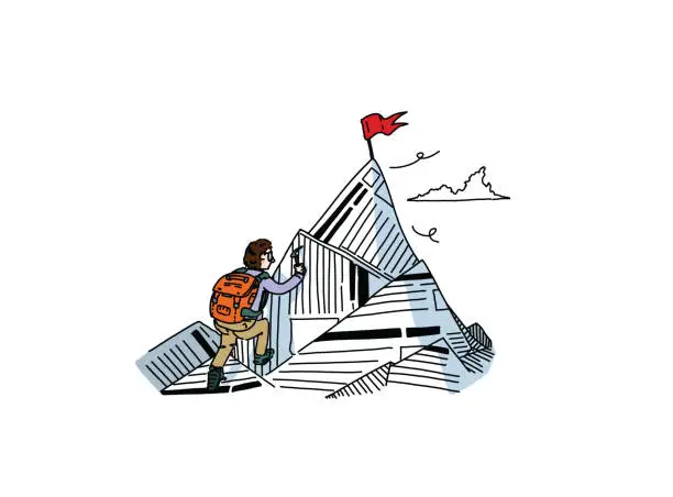 Vector illustration of Readers escaping into their book or novel while reading stories and tales, surpassing oneself to reach unreachable summits. Stories of explorer and adventurer.