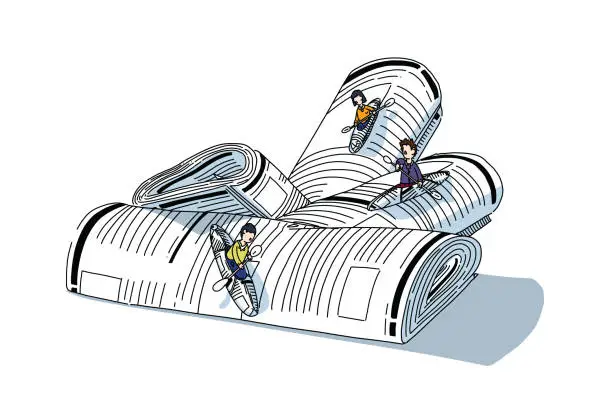 Vector illustration of Readers escaping into their journal while reading news and stories, sailing over a waterfall of newspaper.