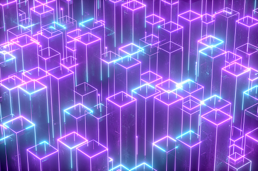 3d rendering of abstract square blocks. Neon lights, glowing lines.