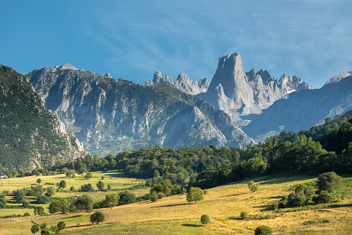 Naranjo de Bulnes, known as Picu Urriellu, from Pozo de la Oracion lookout point in Picos de Europa National Park, Asturias in Spain