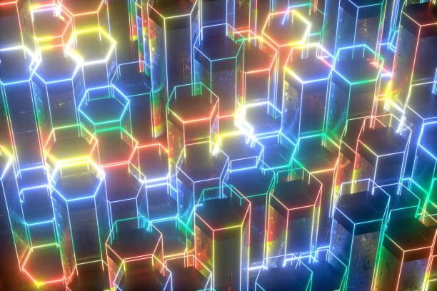 istock Abstract 3D Hexagon Blocks Background with Neon Lights 1271678319