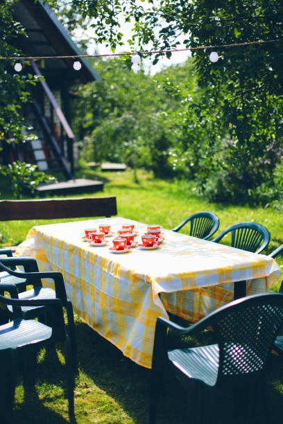 Table set with tea cups and plastic chairs in beautiful apple orchard, garden complete with lamp garland, yellow checkered tablecloth and barn in the distance. stock photo