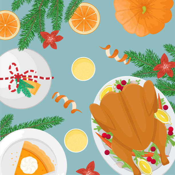 クリスマスホリデーディナー。クランベリー、パンプキンパイ、シャンパン、モミの枝や贈り物と七面鳥と平らに横たわって。クリスマスパーティーのポスター。 - christmas dinner food turkey点のイラスト素材／クリップアート素材／マンガ素材／アイコン素材