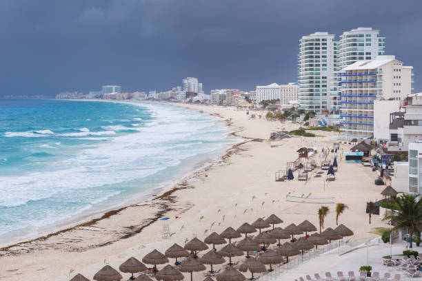 istock Cancun beach panorama view in bad weather 1271679869