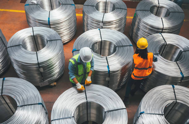 istock Young industry employees checking production line in wire warehouse 1271679877