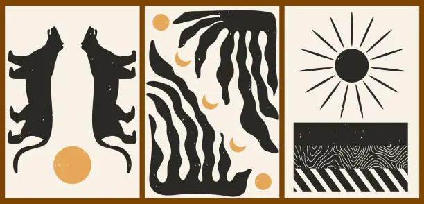 Vector illustration of Set of three abstract minimalist aesthetic backgrounds with sun, moon, thin lines, patterns, tiger, plant.