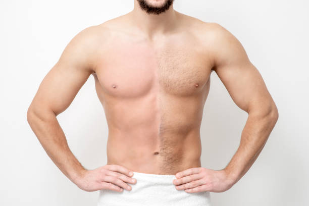 uomo a petto nudo prima e dopo i capelli ceretta - hairy men shaving chest foto e immagini stock