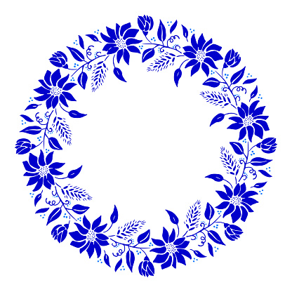 Boho Frame Background with Blue Flower Wreath. Floral Vector Design Element for Birthday, New Year, Christmas Card, Wedding Invitation.