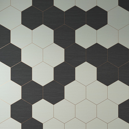 Hexagonal multi-colored tile pattern - geometric creative background of gray and white wooden grid texture with golden fugues. 3D rendered image.