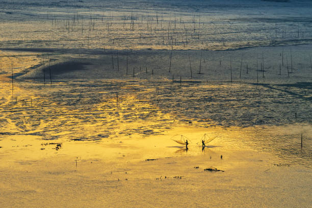 xiapu tidal flats landscape, fisherman in early morning, fujian province, China