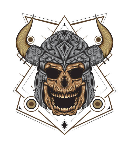 ilustraciones, imágenes clip art, dibujos animados e iconos de stock de cráneo en un conjunto de casco vikingo, ilustración vectorial - viking mascot warrior pirate
