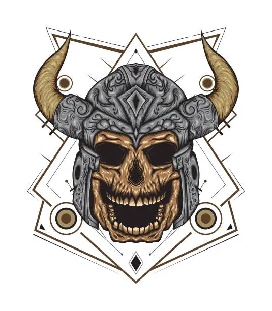 Vector illustration of skull in a viking helmet set, vector illustration