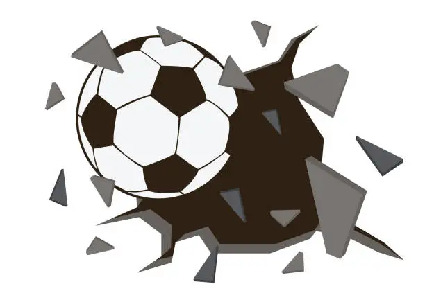 Vector illustration of Soccer ball or football and old concrete wall damage.