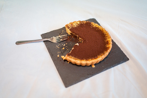 A top view of delicious chocolate tart half eaten on bed with white sheet and fork