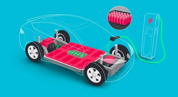 Vector illustration of Electric car platform board with battery pack cells inside underbody charging chassis module pack.