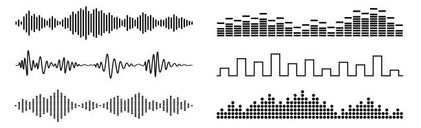 黒音波と音階のセット。抽象的な音楽の波、無線信号周波数とデジタル音声の視覚化。イコライザベクトルセットを調整します。モノクロボリュームオーディオライン、白い背景に隔離され� - 同点シュート点のイラスト素材／クリップアート素材／マンガ素材／アイコン素材