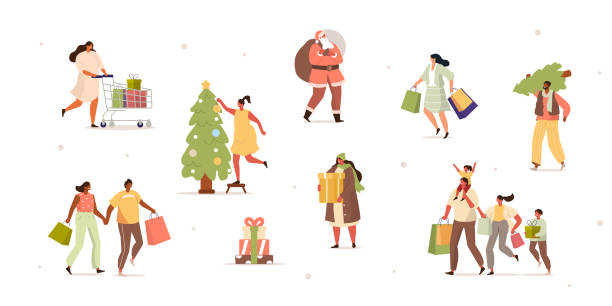 weihnachtsmann - shopping christmas women retail stock-grafiken, -clipart, -cartoons und -symbole